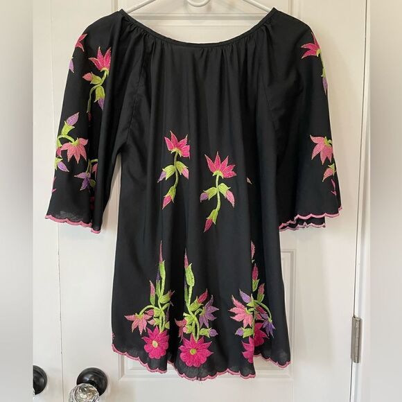 Vintage Macelli Black & Pink Embroidered Floral Tunic - Picture 1 of 11
